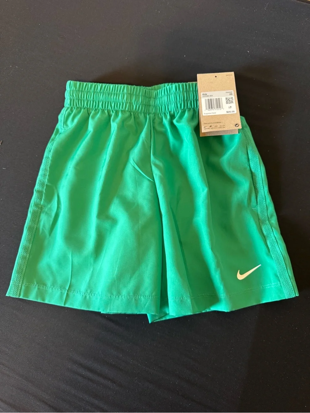 Nike Kids Bright Green Athletic Shorts with White Swoosh - Picture 1 of 3